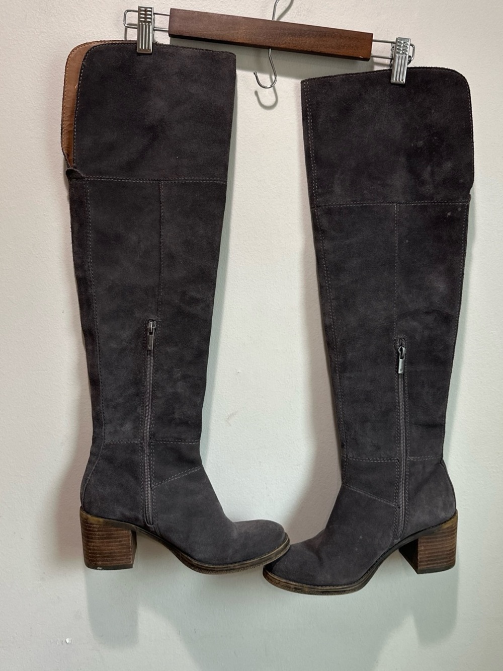 Lucky Brand Tall Over-the-Knee Suede Boots in Dark Gray with Brown Heel Accents